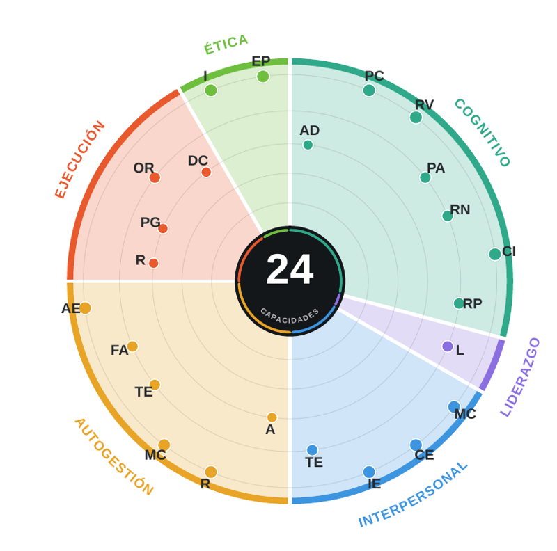 Mapa de las 24 capacidades de un candidato, organizado en 6 factores